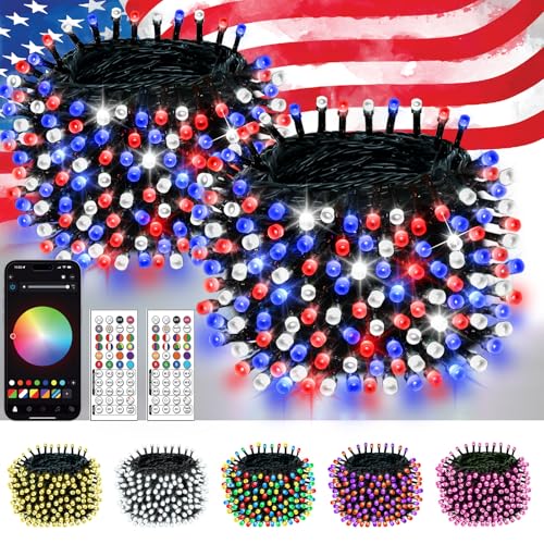 2Pack 400LED Smart 4th of July String Lights | 164FT App Controlled Red White and Blue American Flag...
