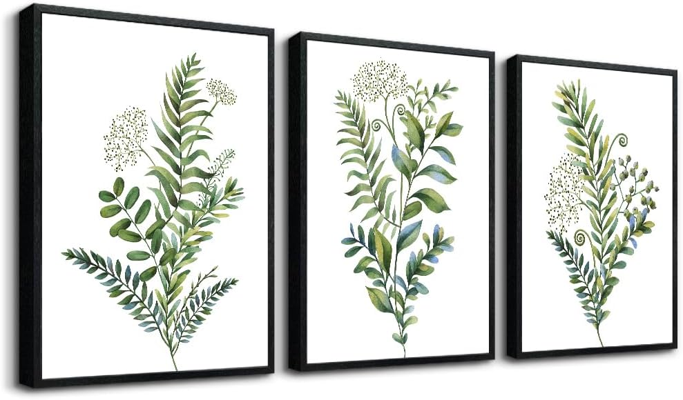 Black Framed 3 Pieces Framed Wall Art For Living Room Bathroom Wall Decorations Kitchen Wall Decor Canvas Print Decor Modern Simple Bedroom Home Decoration Green Leaves Poster Wall Paintings