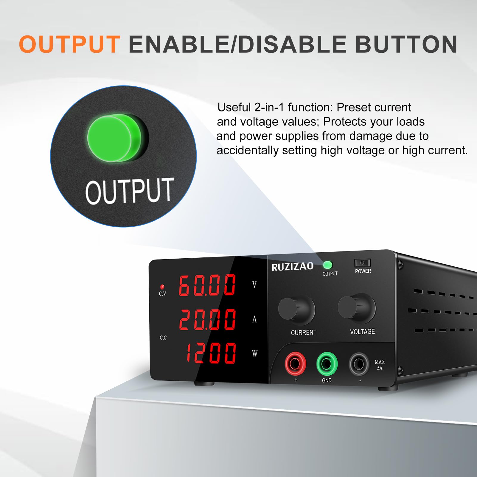 Alimentatore da Banco 60V 20A 1200W Alta Potenza Alimentatore da Laboratorio Regolabile con OUTPUT/Encoder, Professionale Alimentatore DC con Display a LED a 4 Cifre e Uscita Stabile