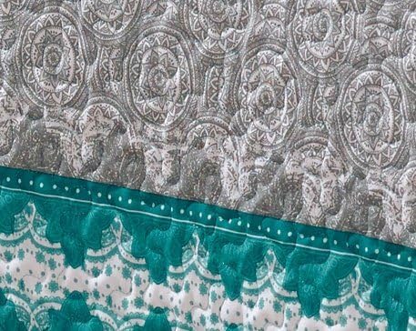 Linen Plus King/California King 3pc Over Size Quilted Bedspread Floral Medallion Turquoise Teal Aqua Coastal Plain/Gray Green New