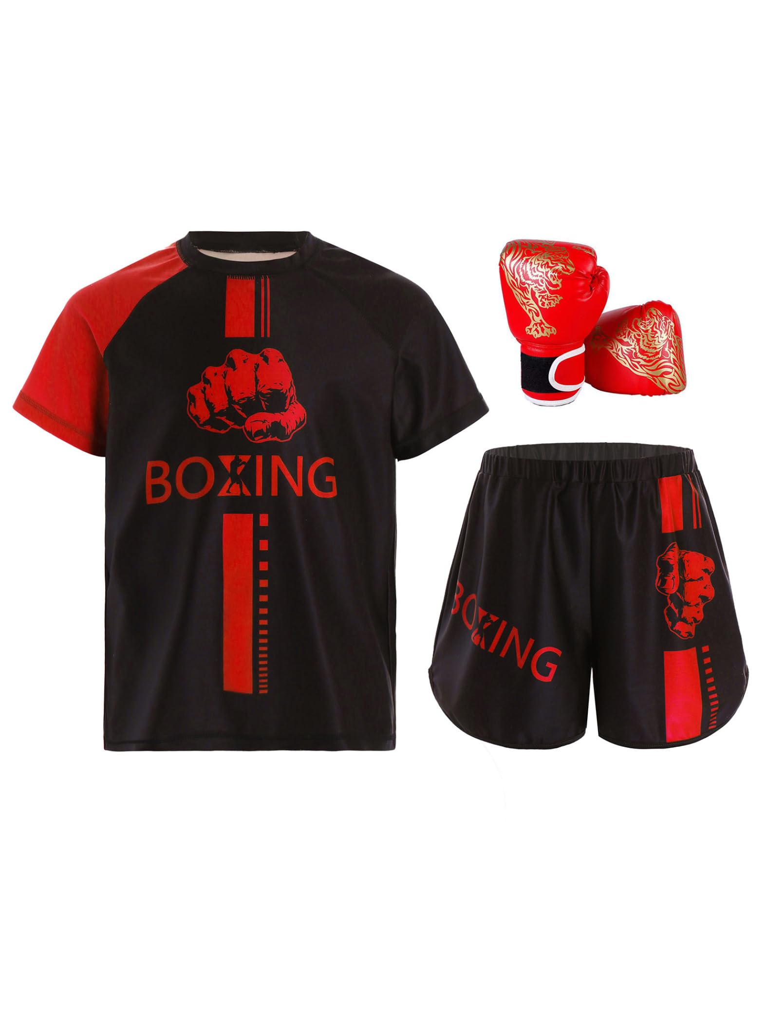 3tlg.Kinder Jungen Trainingsanzug Boxing Kleidung Muay Thai Short Kickboxen Kurze Hose + T-Shirt + Boxhandschuhe Thai MMA Kampfsport Training Sport Set