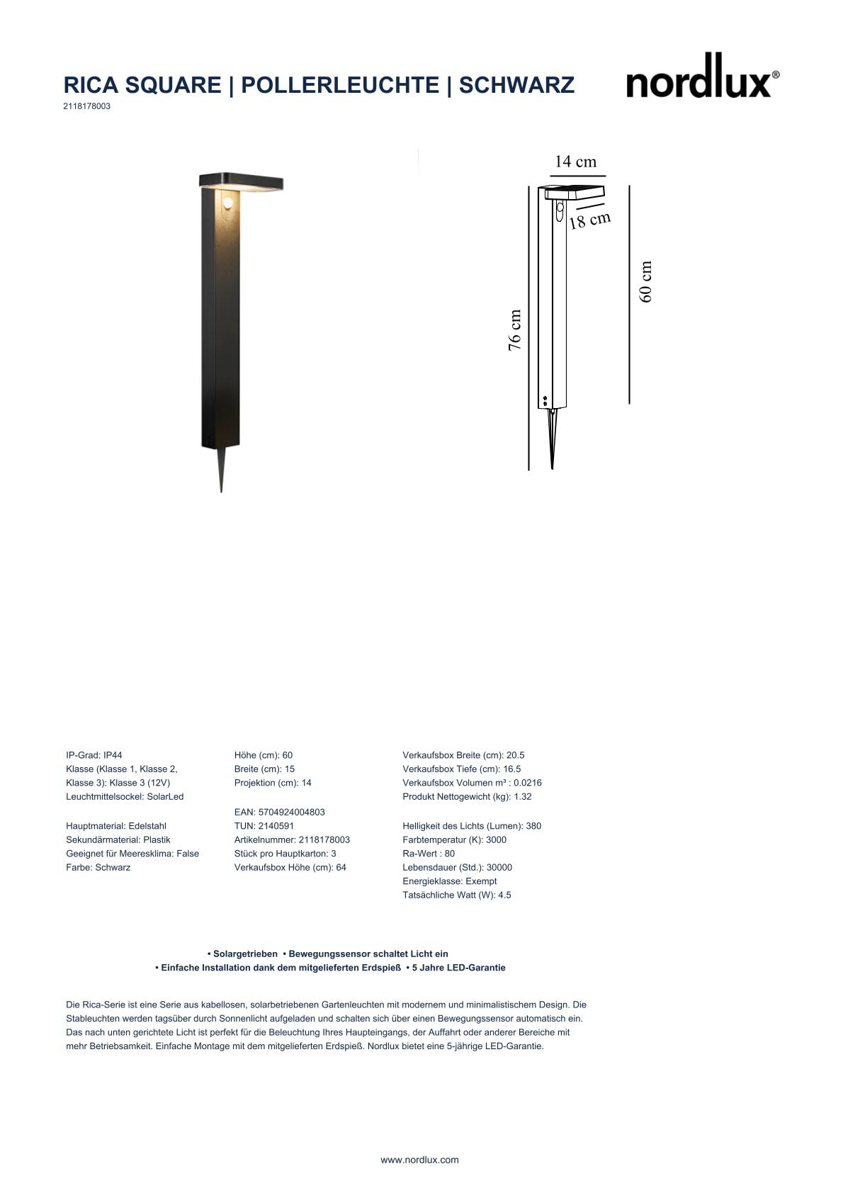 Nordlux RICA SQUARE SOLAR Pollerleuchte 2er-Set – Solarbetrieben mit Bewegungssensor, IP44 Outdoor, 3000K Warmweiß, 380 Lumen, Kabellos mit Erdspieß, Schwarz – Ideal für Gartenwege & Beete