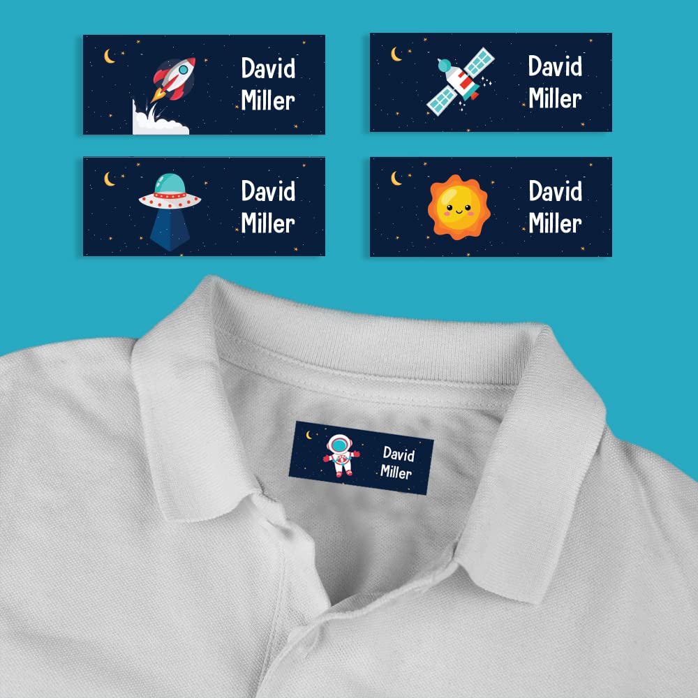 40 x Space Name Stickers for Clothes Kids (37 x 15 mm) Waterproof Iron on Name Labels for Clothes Labels for Kids for School Uniforms Papa Prints®