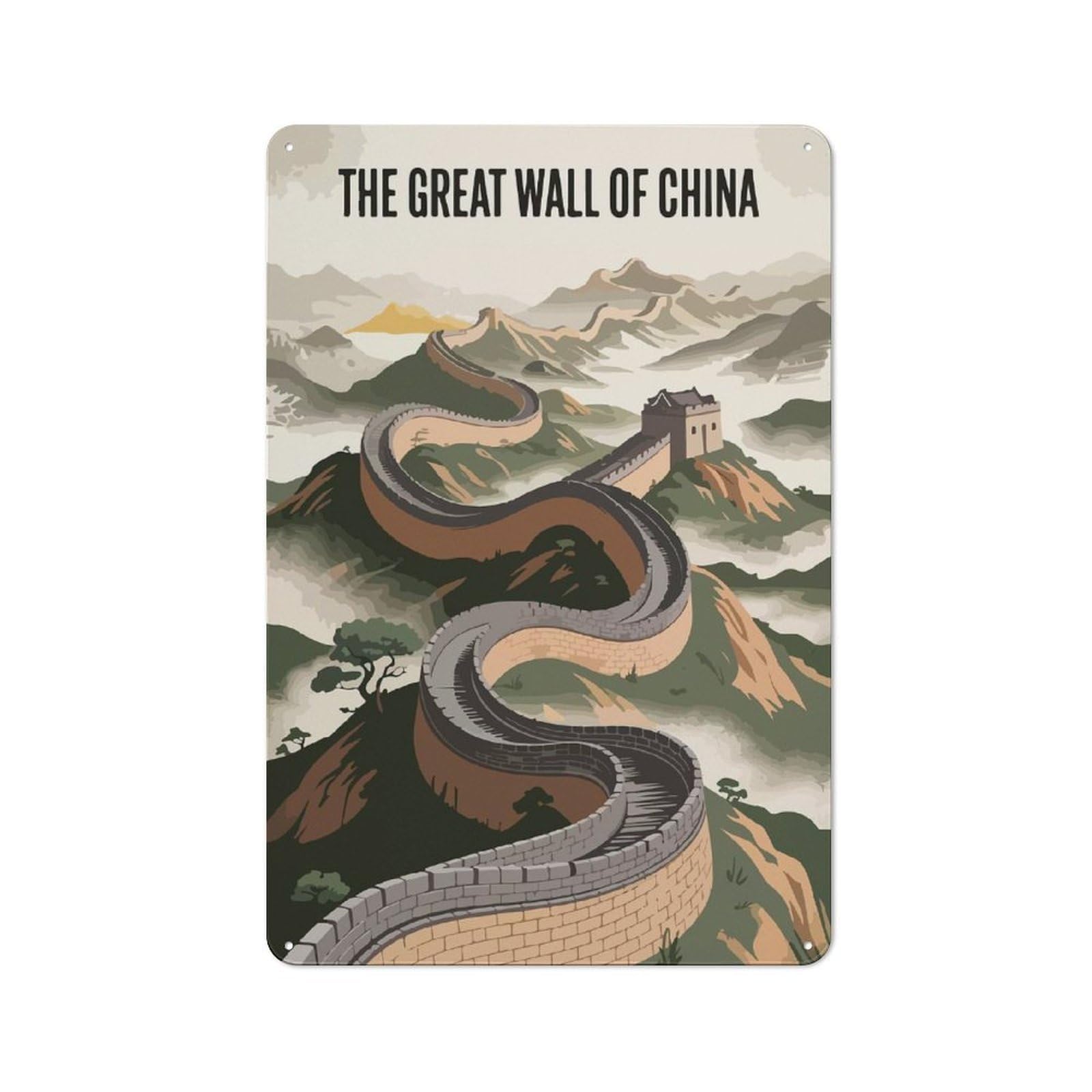 Understated Office Metal Sign 30x20cm Featuring The Great Wall of China Illustration, Studio Wall Plaque for Office, Study, Studio Or Hallway