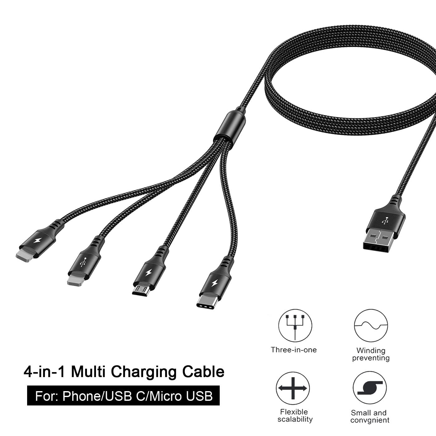 UZAHSK Multi Cavo Di Ricarica 4A/3M 4 in1 Multiplo Cavetto iP/Micro usb/Tipo C Nylon Intrecciato Cavo di Ricarica USB Per Telefono15/14/13/12/11/X/Galaxy/P50/Xiaomi/Nexus/Kindle/LG.(Nero)