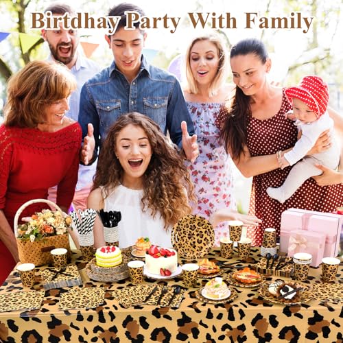Image of Funnymoom 452 Pcs Leopard Print Party Decoration Cheetah Print Paper Plates Napkins Cups Tablecloth Cutlery Straws Tableware for Jungle Safari Animal Theme Birthday Baby Shower Party Supplies Serve 50