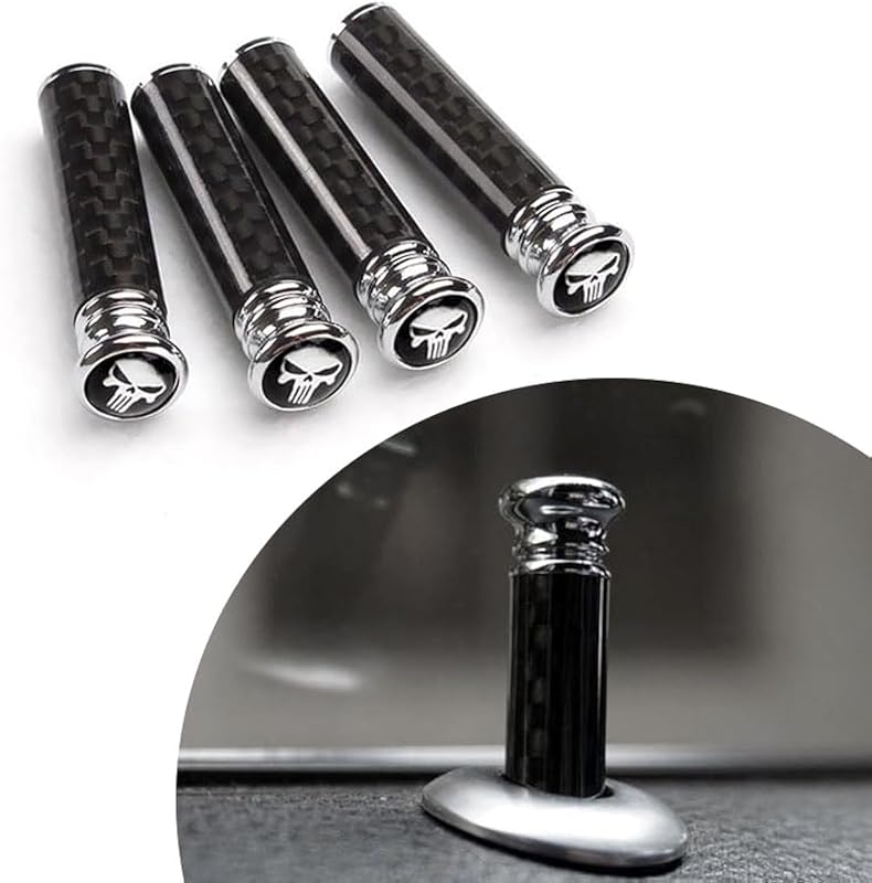 Pinos de trava da porta Yumfugu com caveira e padrão de fibra de carbono – Kit com 4 unidades pretas