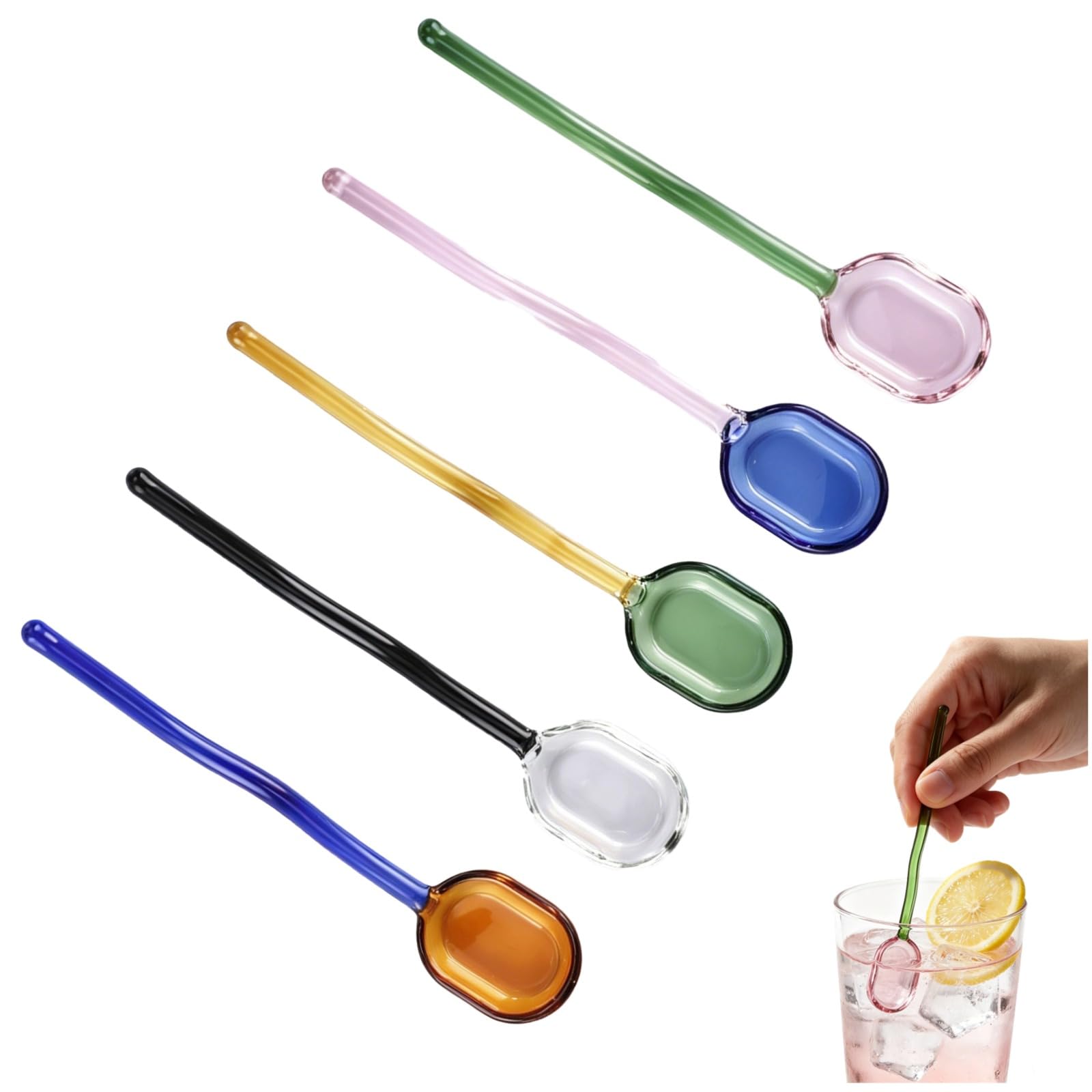 Lot de 5 cuillères en verre, 6,2 pouces pour café et thé, cuillère à mélanger, cuillères à dessert en verre coloré avec manche ondulé pour thé, café, sucre, lait, yaourt, cuisine, bar