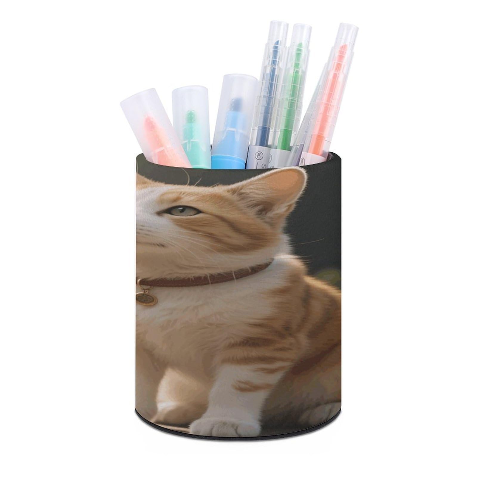 VstaDank - Cat Dog Round Pen Holder PU Leather Desk Organizer Stand for Desk Decor Desk Office Desk Home Office Desk (3.1