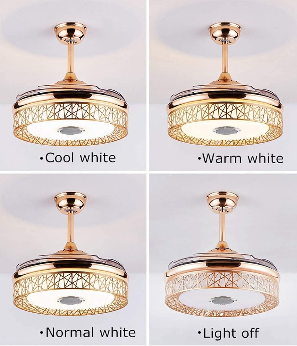 Fandian 42'' Modern Ceiling Fans with Light Smart Bluetooth Speaker Music Player Chandelier 3 Colors 3 Speeds Invisible Blades with Remote Control, Silent Motor with LED Kits (42-in Gold Nest)