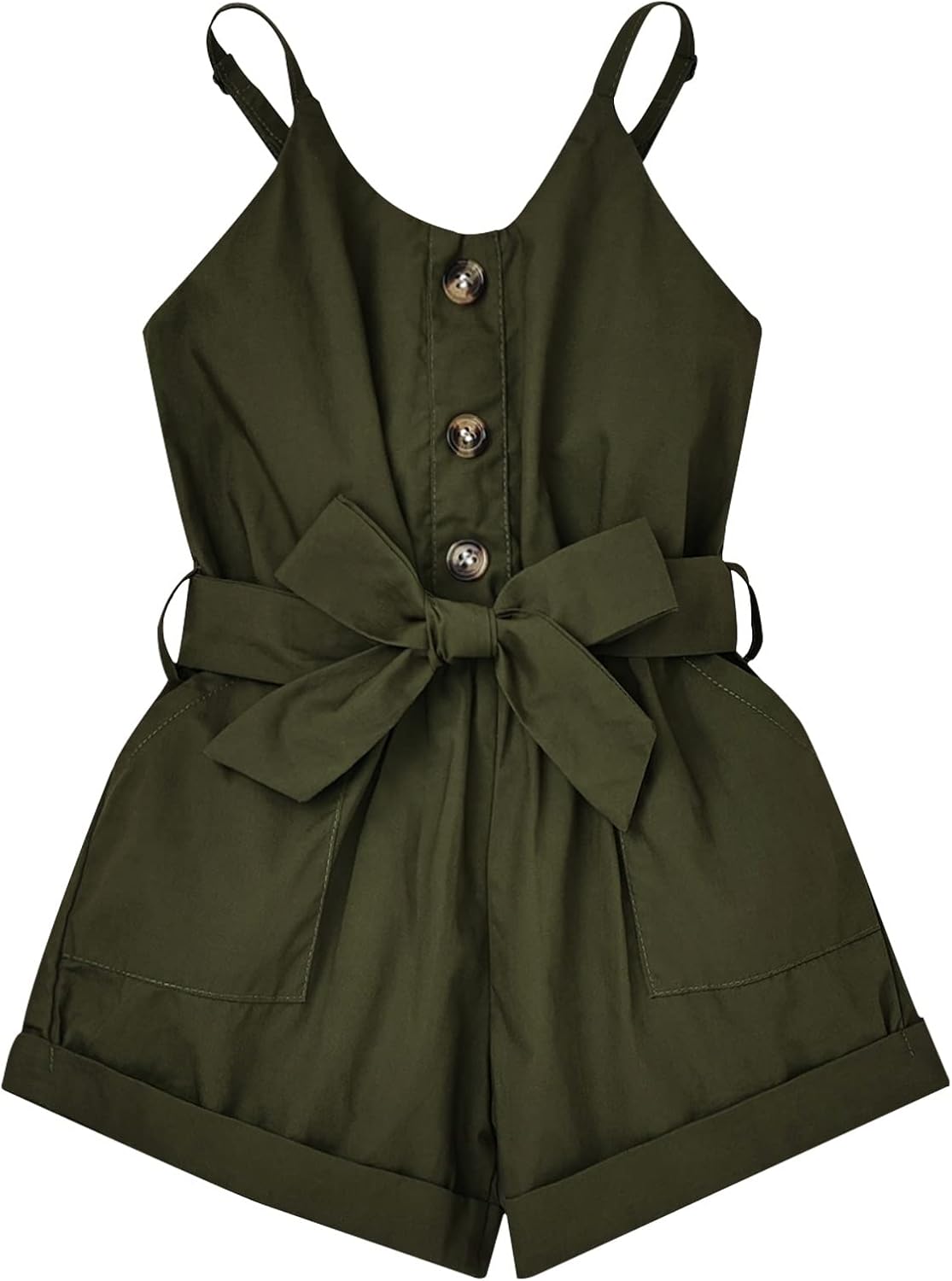 Girl Romper Summer Short Jumpsuit V-neck Adjustable Spaghetti Straps Side Pockets Outfits 5-14 Years Old