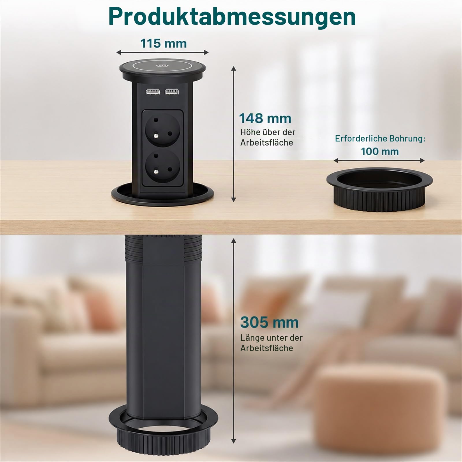 Steckdosenleiste zum Einbauen, automatisch, versenkbare Mehrfachsteckdose mit 4 Steckdosen, 2 USB C(PD 20 W), 2 USB A (18 W), kabelloses Ladegerät 10 W, Kabel 2 m, Ø 100 mm, für Büro, Küche