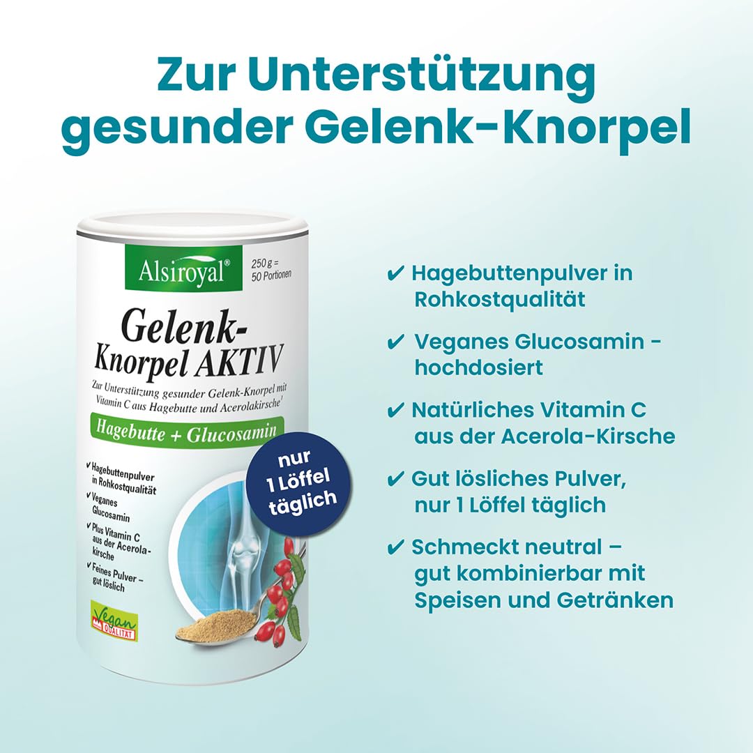Alsiroyal Hagebuttenpulver plus Glucosamin · Gelenk-Knorpel-Komplex Aktiv | Für den Gelenk-Knorpel · Hagebuttenpulver in Rohkostqualität · 600 mg veganes Glucosamin · Vit. C aus Acerola · gut löslich