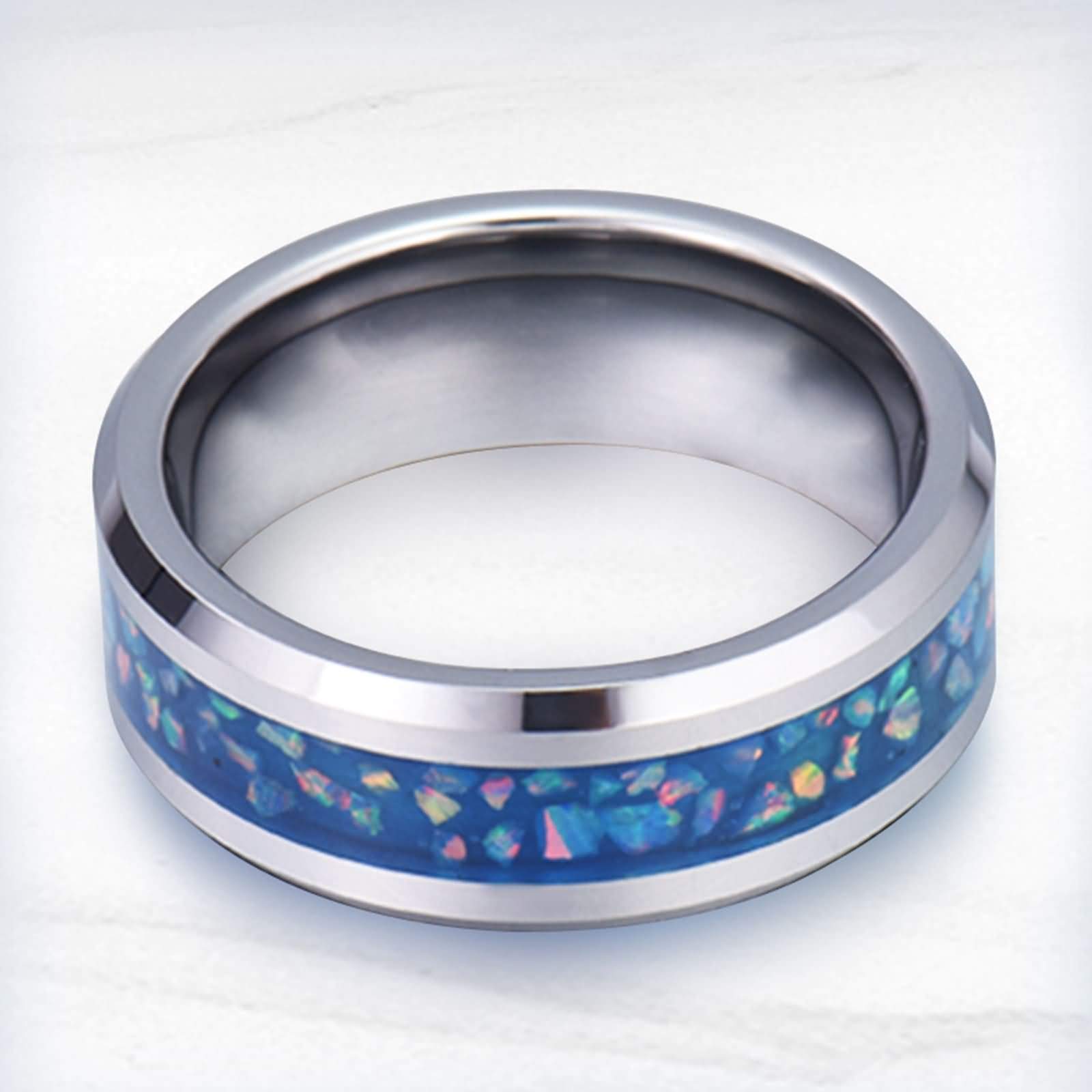 Anelli Uomo Tungsten Sintetico Blu Opale Anello Anello Uomo Incisione Personalizzata 8MM Anello Nuziale Argento Blu Misura 12-31