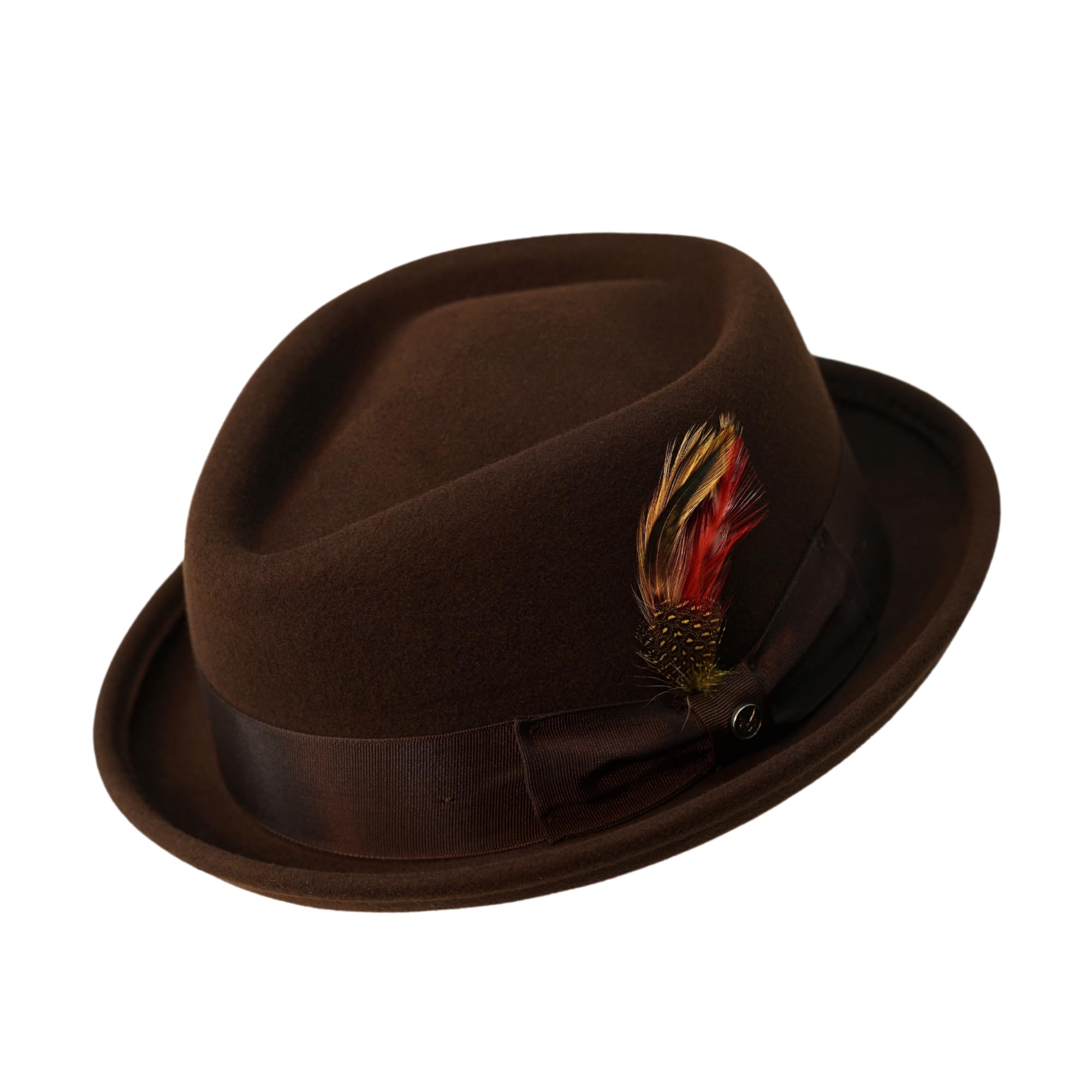 Gamble & Gunn New Orleans II Pork Pie Hat for Men & Women – Brown Wool Felt Diamond Crown Hat Satin Lined, Leather Sweatband, Feather Accent (UK, Alpha, L, Brown)