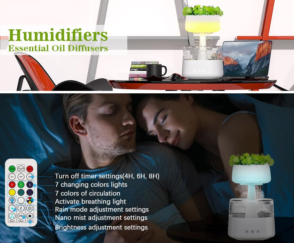 Micro Landscape Rain Humidifier - With Artificial Plants, 7-Color LED Lights, 250ml Tank, White