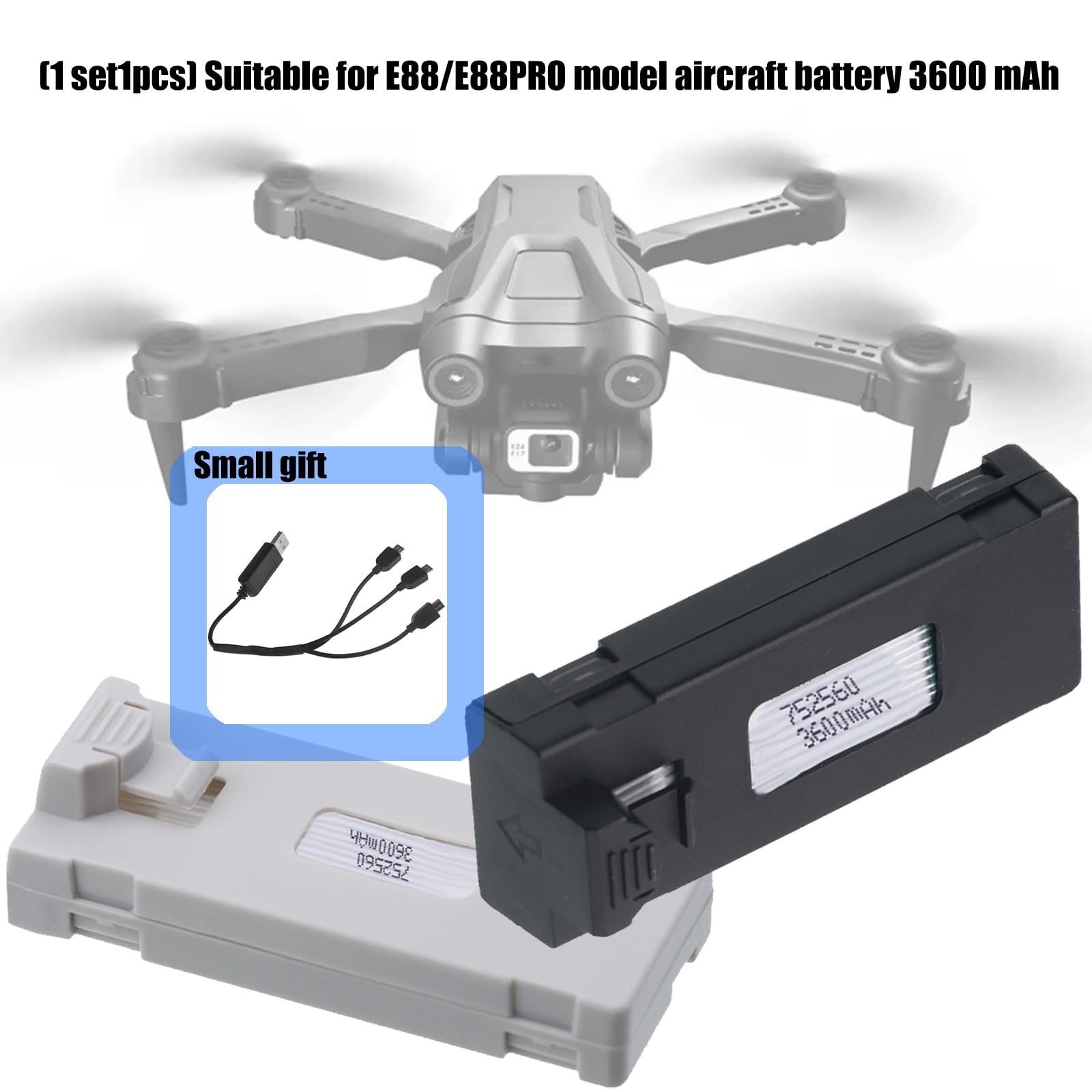 Baterías de litio de alta capacidad de 3600 mAh para drones teledirigidos, compatibles con los modelos E88 / E99 / E89 / P1 / K7 / E55 Durabilidad ABS Shell batería de drones — view 5