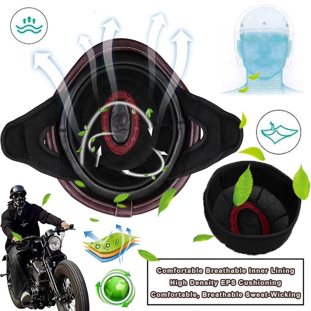 Niemiecki kask motocyklowy, skórzany, półskorupowy, z certyfikatem ECE, kask z maską i okularami, wyjmowana wyściółka wewnętrzna, rozmiar M ~ XL, 57 ~ 62 cm