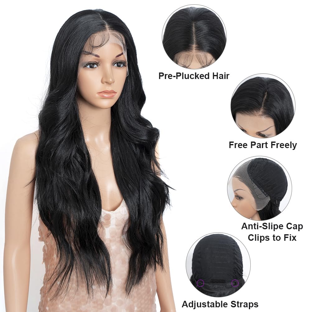 Style Icon 26” Big Curl Layered Synthetic Lace Front Wig 13x4 Large Lace Free Part Black Wig With Adjustable Cap Heat Resistant Fiber(26 Inches, 1B)