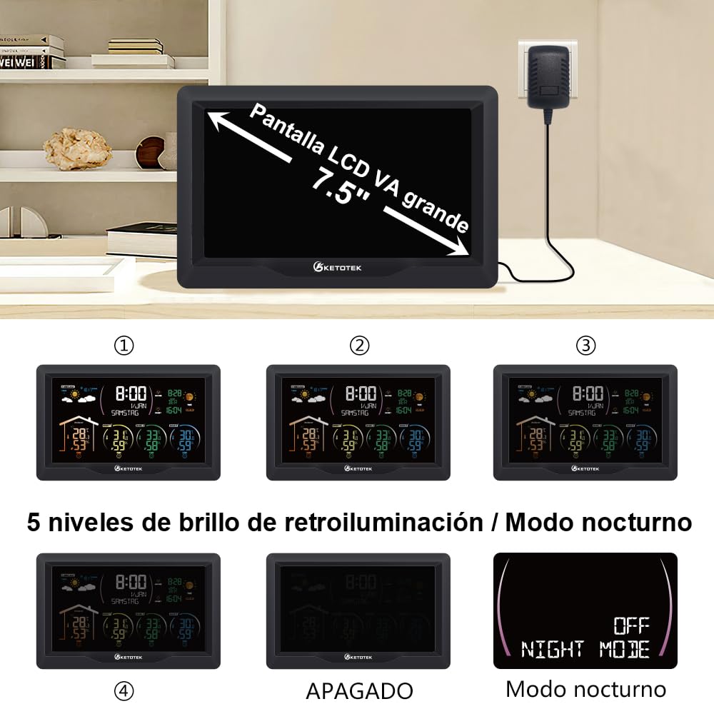 Estación Meteorológica Radio Inalámbrica KETOTEK con 3 Sensores de Exterior Termómetro Digital LCD de Interior Higrómetro Barómetro con DCF,Reloj Alarma,Previsión Meteorológica,Fase Lunar