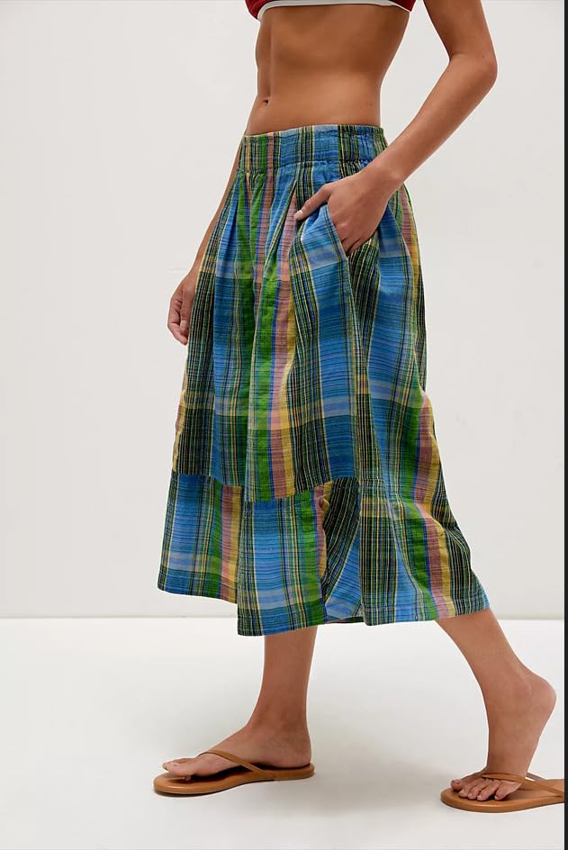 Womens Summer Boho Wide Leg Culotte Pant Elastic Waisted Colorful Plaid Capri Pants with Pockets3