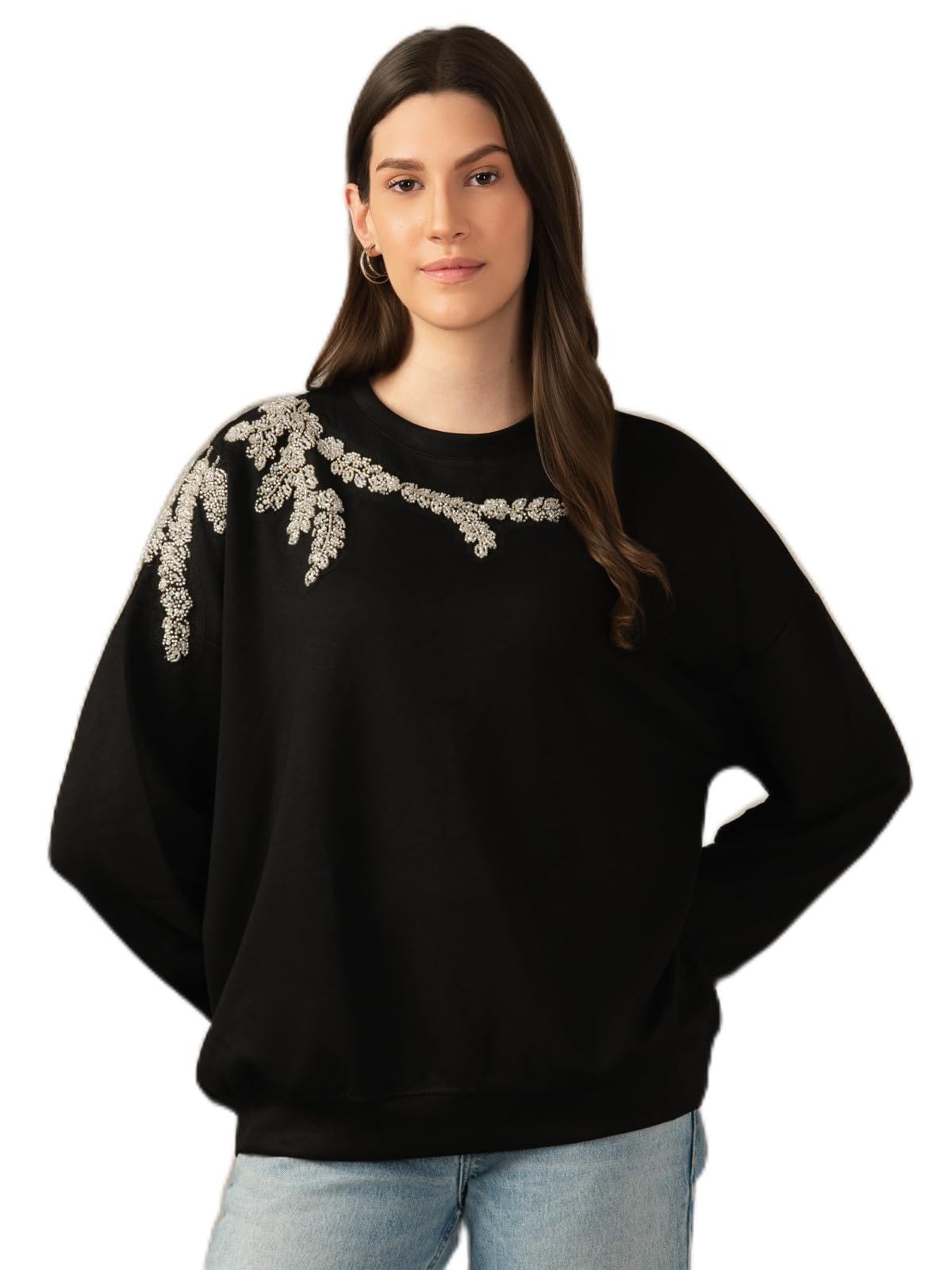 Cream Embellished Sweatshirt with Floral Beaded Detail, Long Sleeve Pullover Top-image-31