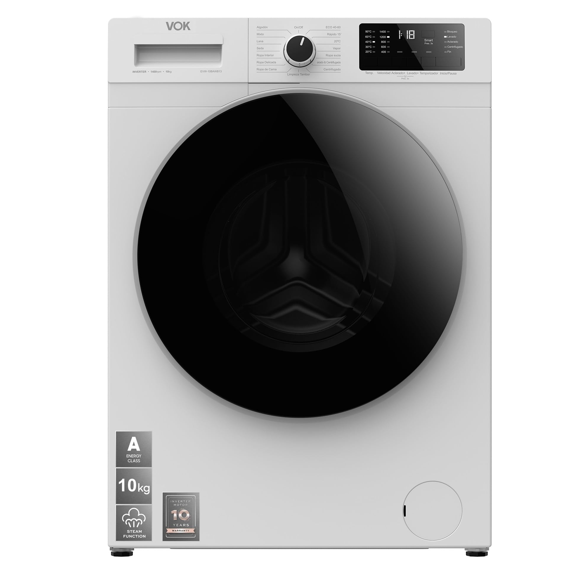 VOK - Lavadora de Carga Frontal EVW-10BAWB13-10Kg - 1400 RPM - Motor Inverter - Eficiencia Energética A - Función Vapor - 15 Programas de Lavado - Control Electrónico con Pantalla LED - Blanco
