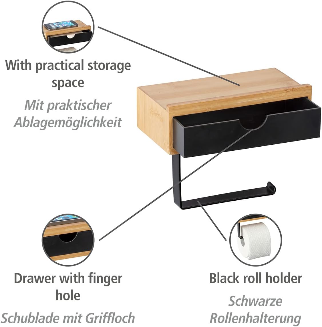 Bambusa Wooden Toilet Paper Holder with Smartphone Holder and Practical Storage Drawer