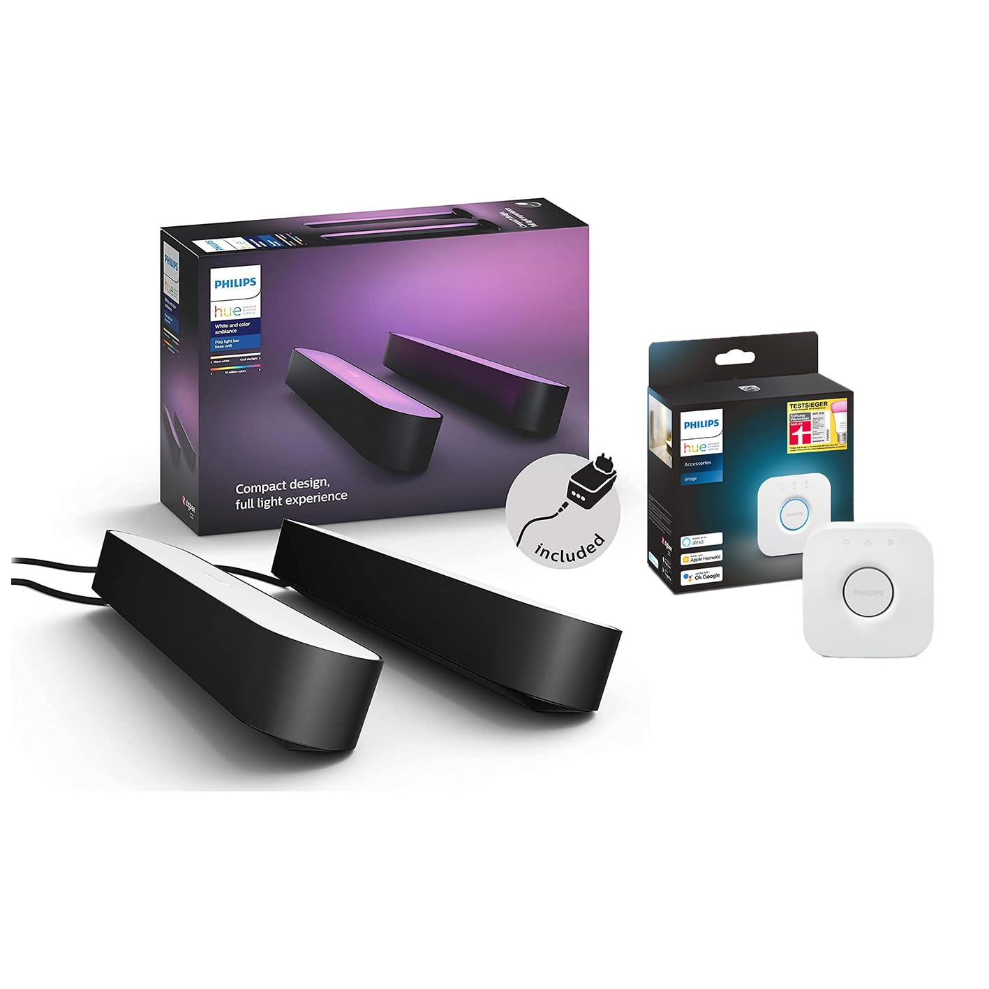 Philips Hue White and Color Ambiance Lampada da Tavolo LED Smart Play e Hue Bridge, Con Alimentatore Incluso, 2 pezzi, Nero