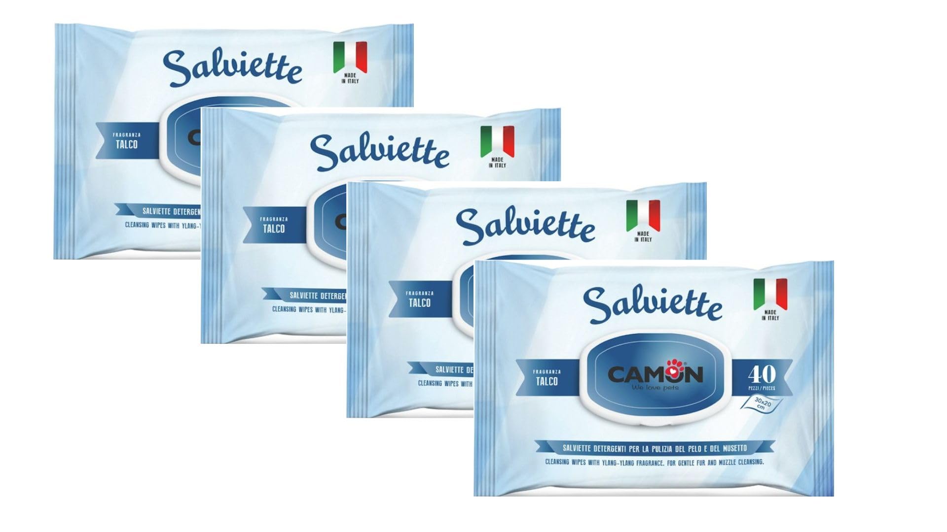 Camon Lot de 4 lingettes nettoyantes pour chiens et chats (talc)