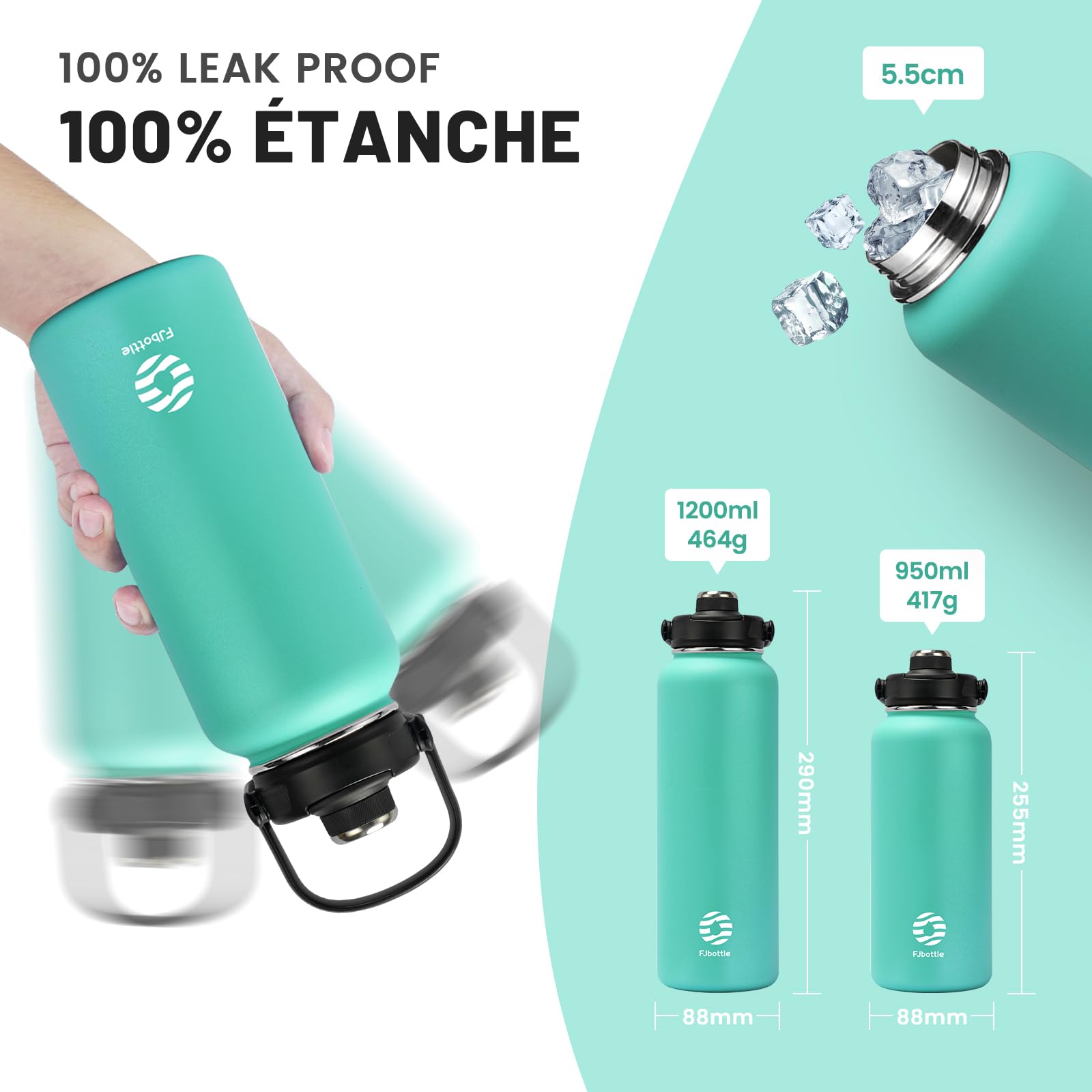 FJbottle Borraccia Termica con cannuccia - 2xTappi - 950ML/1200ML Bottiglia Termica - Senza BPA/Senza Perdite Borracce acciaio inox per Scuola, Sport, Palestra, Ciclismo