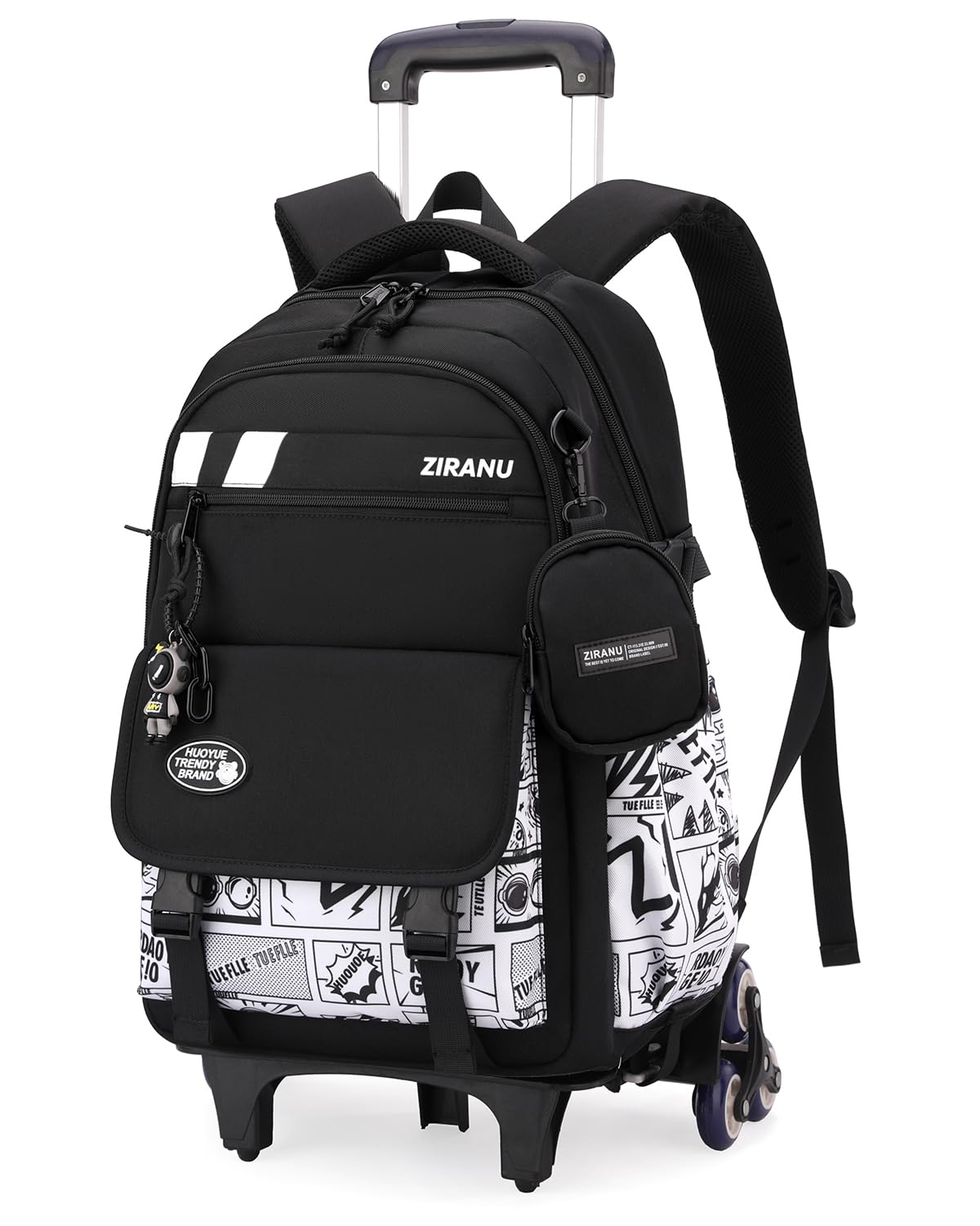 Tanou Mochila con Ruedas Niño de Instituto, 6 Ruedas, 28L | Mochilas Escolares Grandes para Adolescentes con Carro, Trolley Desmontable para Chico con Monedero, Negro