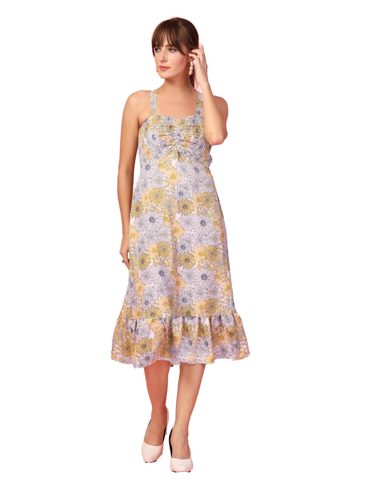 Oomph! Women's Western & Fusion Wear Printed Crepe Dress For Women, Smocked Bodice, Yellow - Md1060