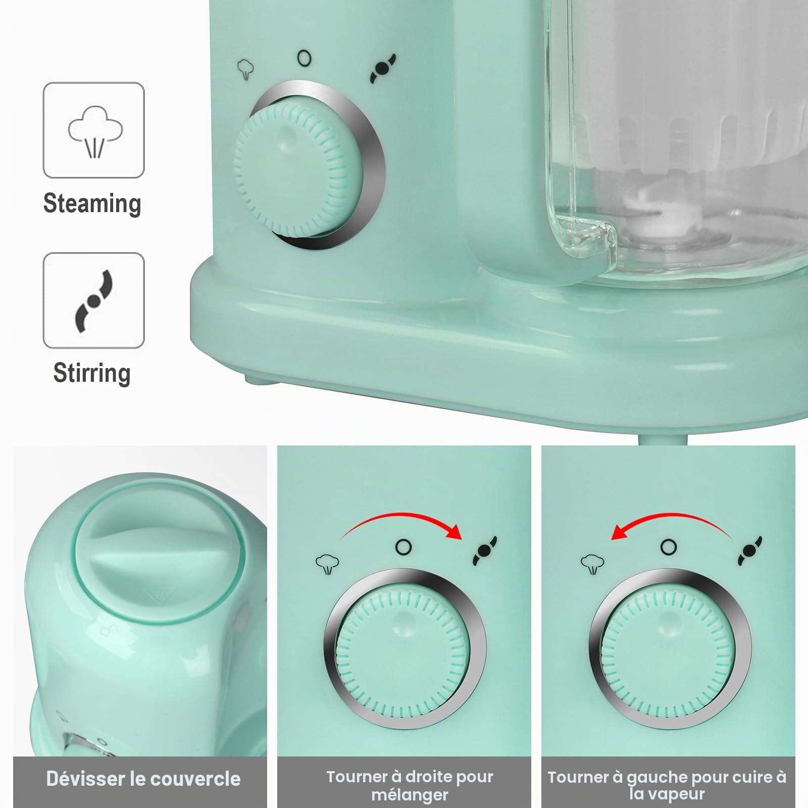 Robot multifonctions 4 en 1, préparateur d'aliments pour bébés, diversification alimentaire, cuiseur vapeur, mixeur, décongélation, réchauffage, cuisson vapeur douce, cuisson vapeur rapide (Vert)