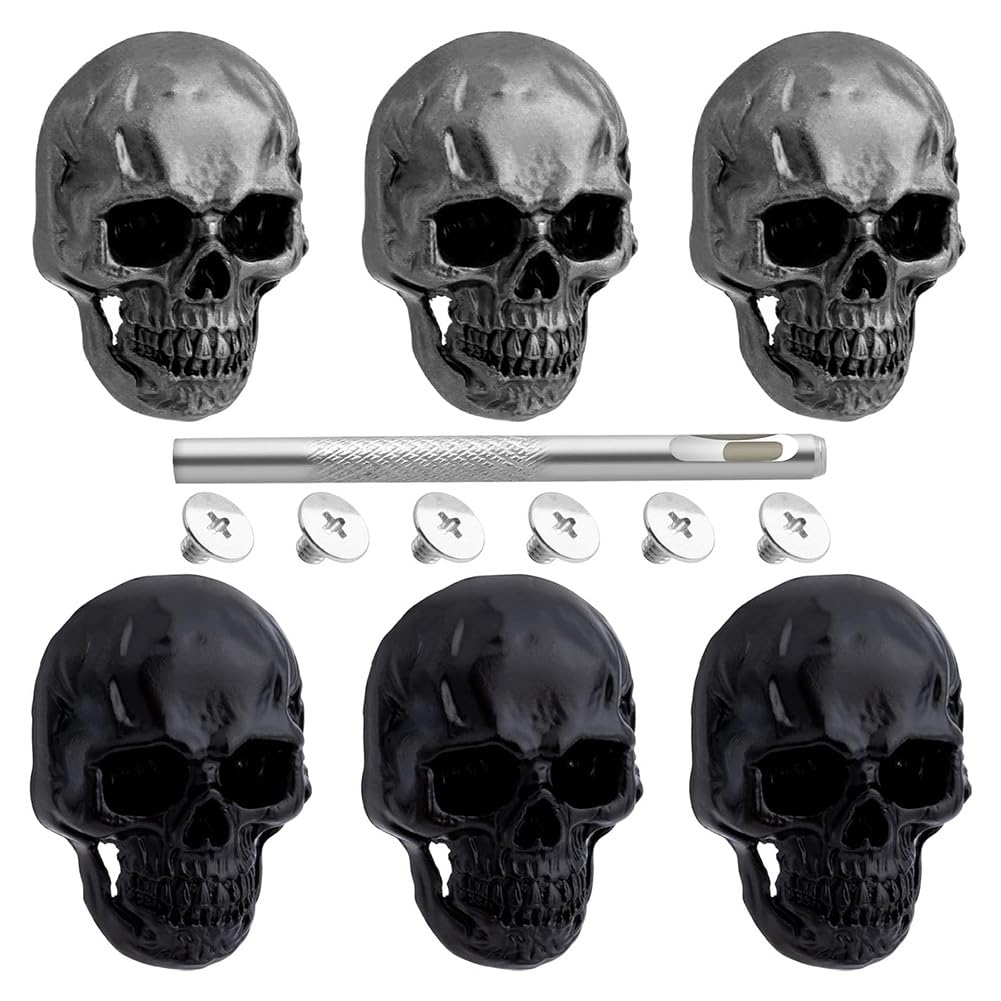 Ctrlzs Women's 6Pcs 3D Skeleton Pins Skull Rivets Studs For Clothing,Gothic Style Skull Head Buttons Screws With Drilling Tool