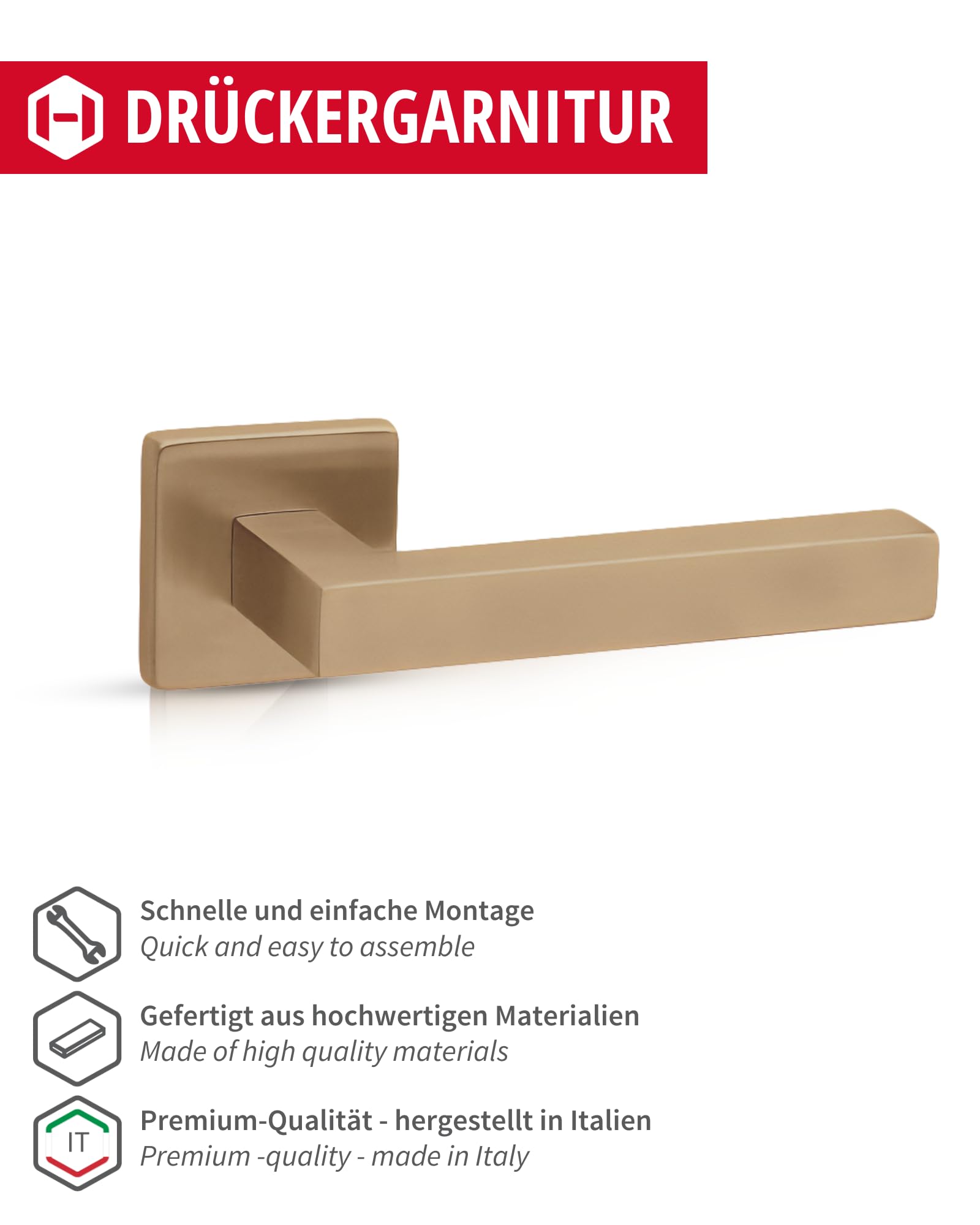 Gedotec Maniglia per porta in ottone spazzolato | 1 set | set di rosette su rosette rettangolari | KARAT | BB - serratura | maniglia per porta interna | set di maniglie con materiale di fissaggio |