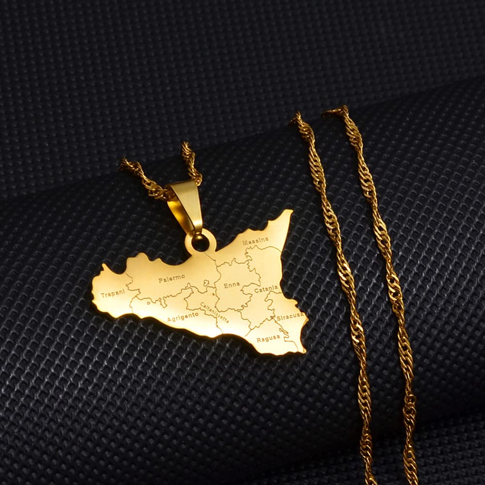 BEALIFE Collana Con Ciondolo Mappa Della Sicilia – In Acciaio Inossidabile, Colori Oro E Argento