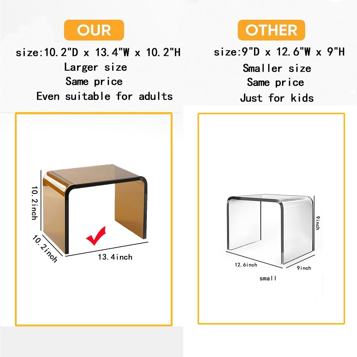 Acrylic 13" W Small Kids' Step Toilet Stool,Multi-Use as Shower/Water-Resistant Stool,Clear Footstool for Bathroom, Seating and Placing Items,Holds Up to 200lbs (Black Brown)