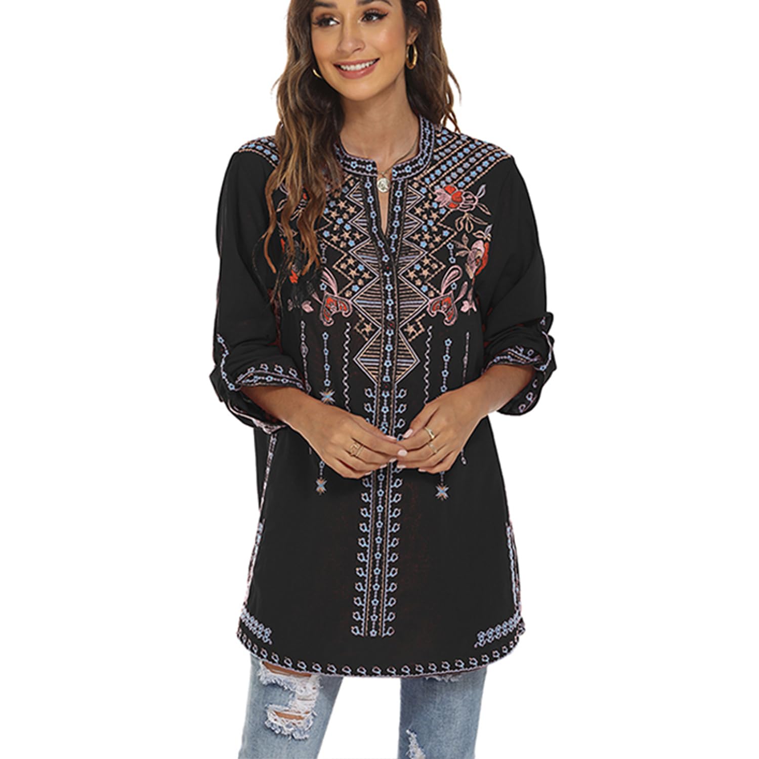 drakloak Bluse Stickerei Damen,Folklore Bluse Damen Stickerei Mexiko,Langarm Hippie Kleidung Boho Rundhalsausschnitt Blouse mit Blume Stickerei