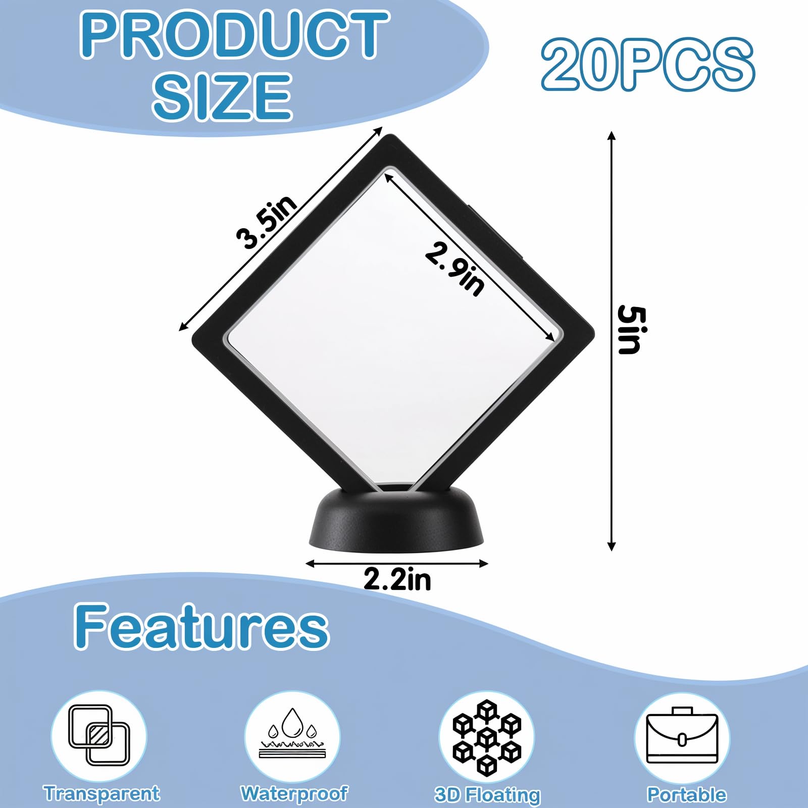 20 PCS 3D Floating Display Case, Transparent PE Jewelry Storage Box, Black Coin Display Frame Stand Holder for Medals, Jewelry, Gems, Coins, , 3.5 x 3.5 x 0.8 Inches (Black)