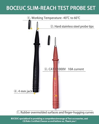 Test Probe with Stainless Steel Tip, 1000V Voltage, 10A Current, 2mm Tip Diameter for Multimeter Fluke Test Leads