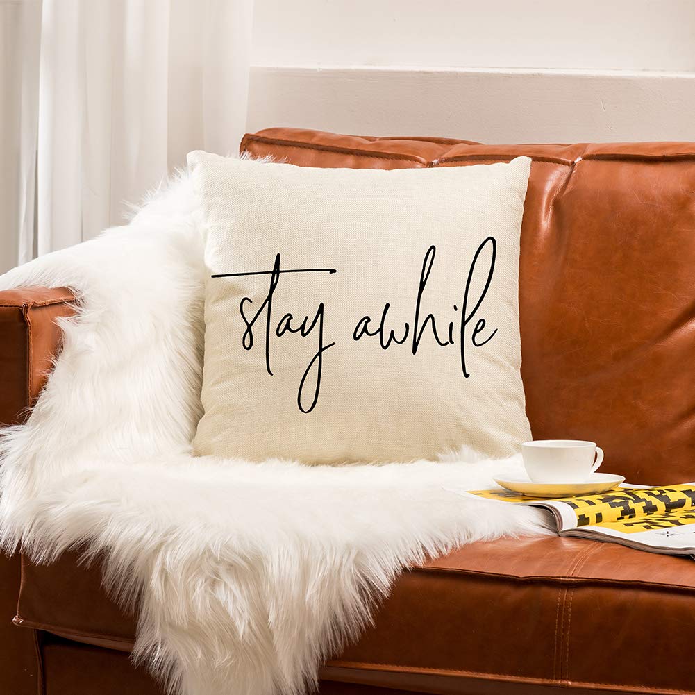 Ogiselestyle Farmhouse Pillow Covers - 18x18 Inch, Welcome Quotes, Cotton Linen, Hidden Zipper