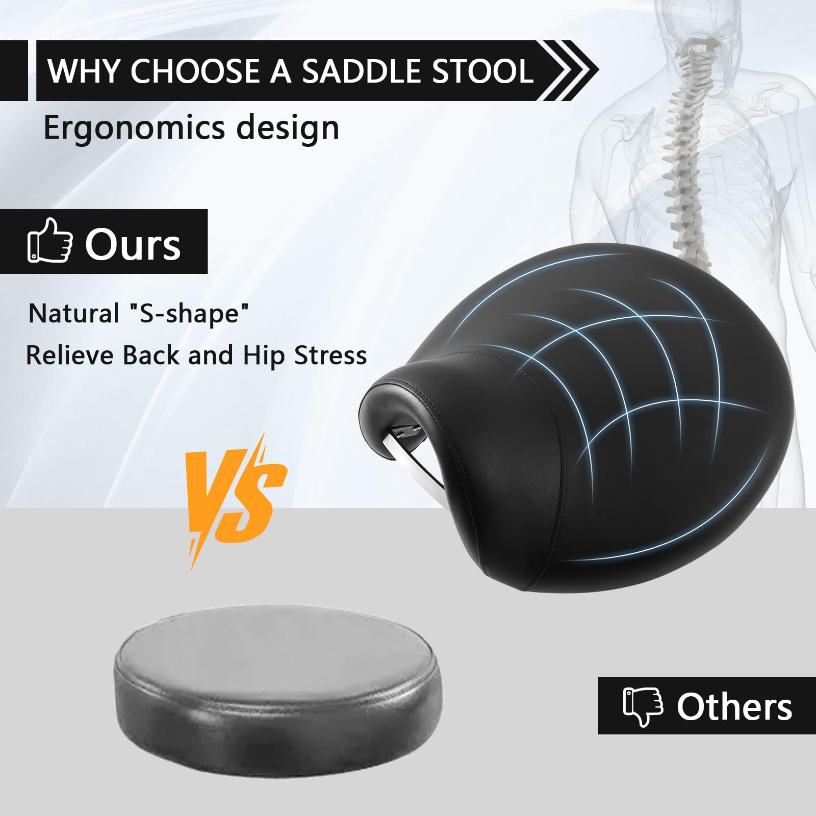 SALONFACTORY Saddle Stool with Wheels 300 lbs Weight Capacity, Heavy Duty Rolling Stool for Medical Massage Salon Kitchen Spa Drafting Nail-Tech,Height Adjustable,360 Swivel,Wide Thick Seat Padding