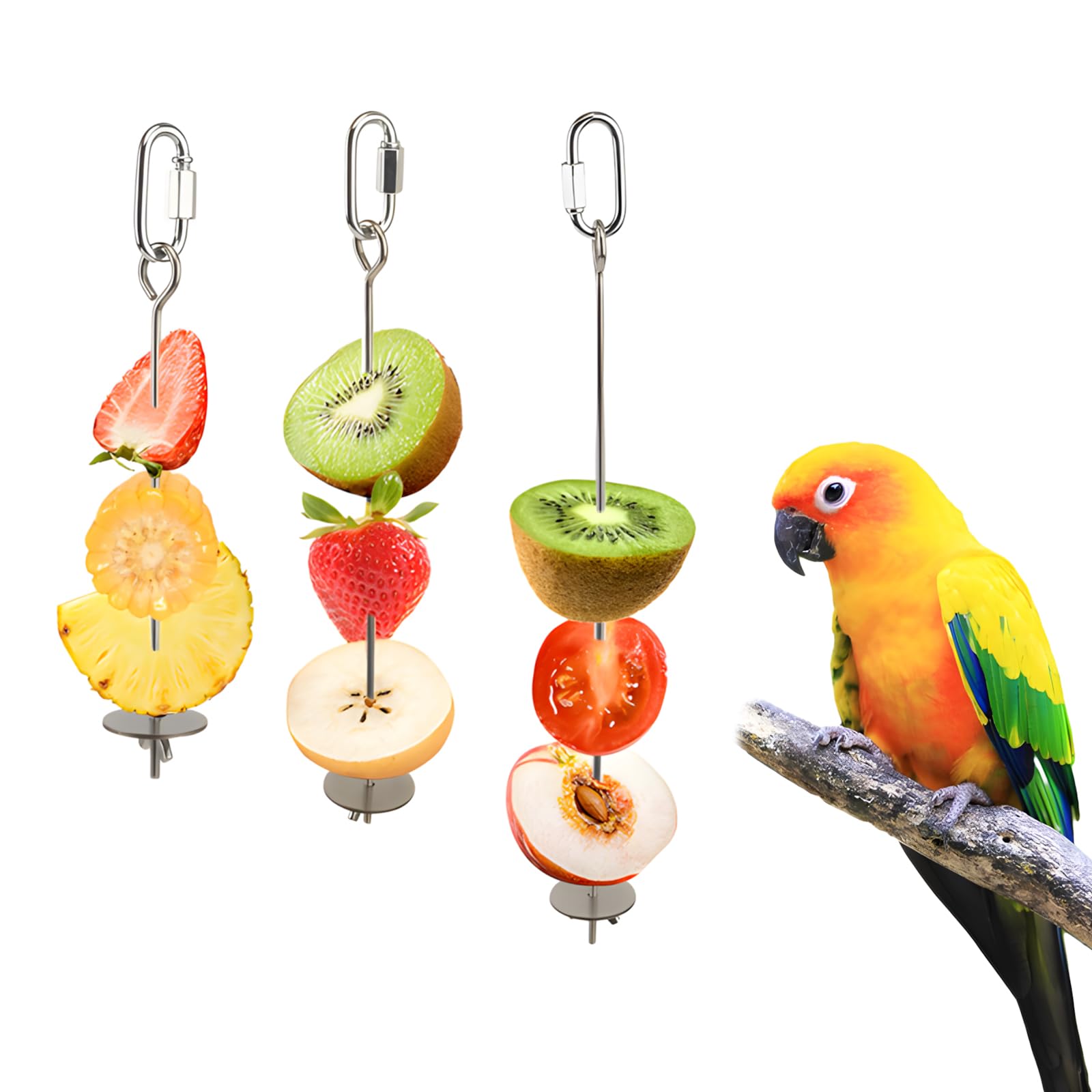 3Pcs Bird Cage Food Holder with Hooks, Stainless Hanging Steel Bird Feeder for Vegetable Fruit, Fruit Skewers Parrot Foraging Toy, Bird Feeder Toys Cage Accessories for Macaw Parakeet Budgie