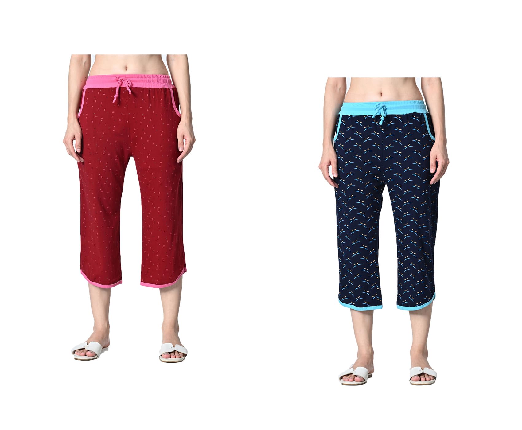 kayu Pack of 2 Women’s Cotton Printed Nightwear Capri with Both Side Pockets, Elastic Waist & Drawstring Nada, Soft Comfortable Sleepwear Capri Multicolor-picture-19