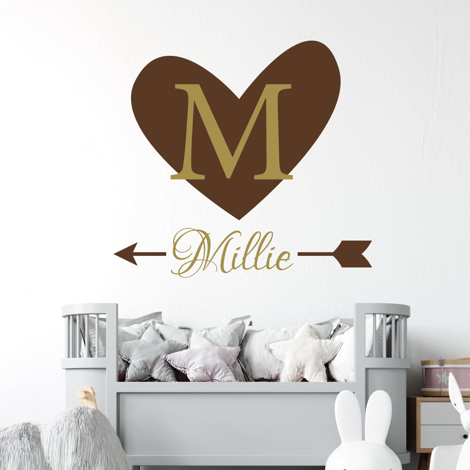 Heart & Arrow - Personalised Name, Initial Letter, Children Nursery Bedroom Decal Wall Sticker [Large] [Chocolate]