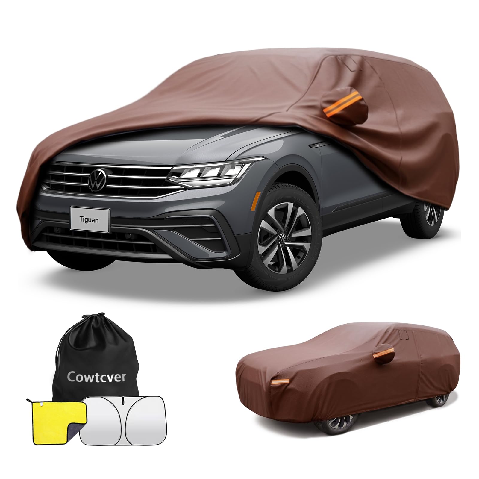 Cowtcver Housse de Voiture Extérieure pour Volkswagen Tiguan 2007-2026 | Bâche Voiture Étanche Respirante avec Aspect Cuir de Vache, Housse de Protection avec Pare-Soleil, Zip et Doublure en Coton.