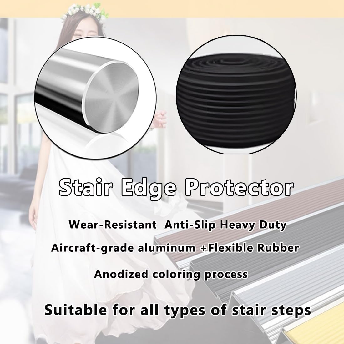 Protector de Nariz de Escalera De Goma Antideslizante 135/145cm, Perfil de Borde de Escalera de Aluminio 8,5cm, Moldura de Borde de Escalón en Forma de L Negro(130x8.5x2.1cm)