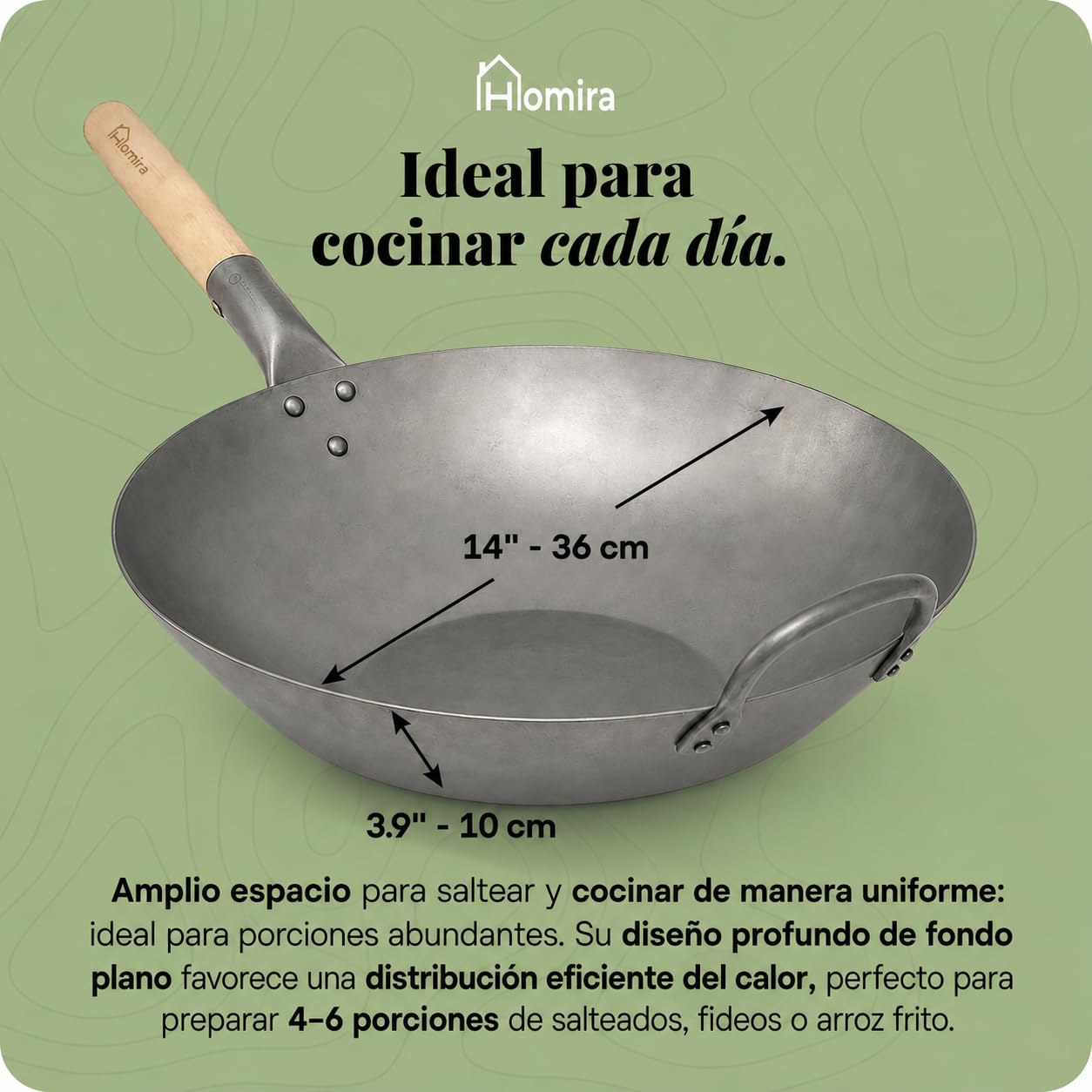 Homira Wok de Acero al Carbono de 36 cm, Martillado a Mano, Fondo Plano y Mango de Madera – Sartén Wok Tradicional sin PFAS para Inducción, Gas, Vitrocerámica, Barbacoa y Exterior (Fondo Plano)