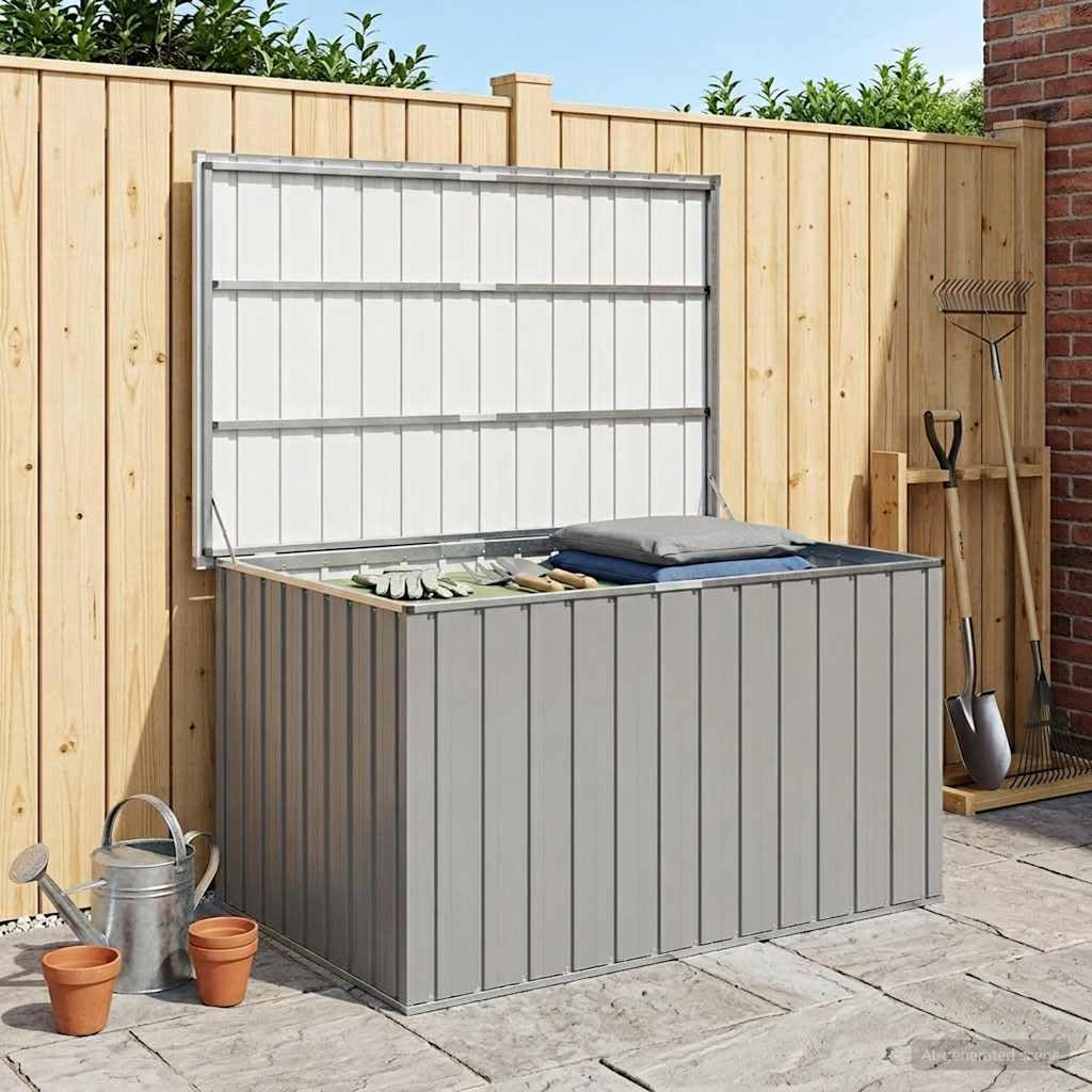 Gartenbox Grau aus verzinktem Stahl 149x99x93 cm mit Klappdeckel, wasserdicht und wetterfest für Kissen Aufbewahrung, Outdoor Stauraum, abschließbar, ideal für Balkon Terrasse und Garten